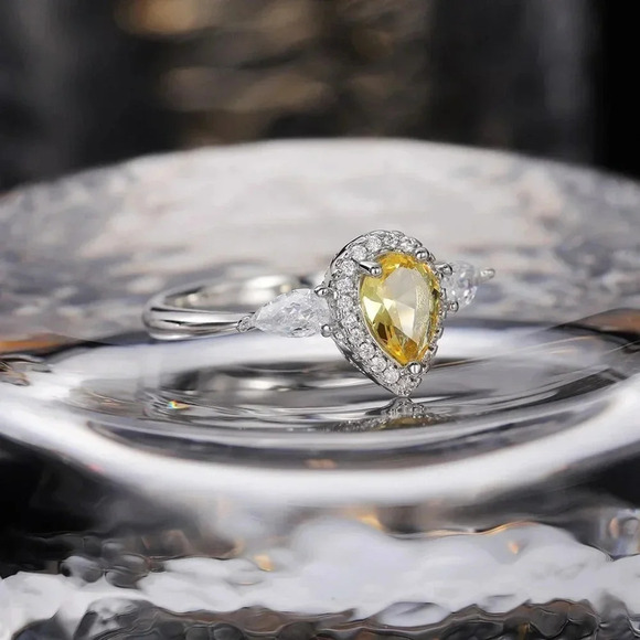 😍925 Silver Yellow Water Drop Romantic Crystal Diamond Ring for Women, K778 - Picture 7 of 10